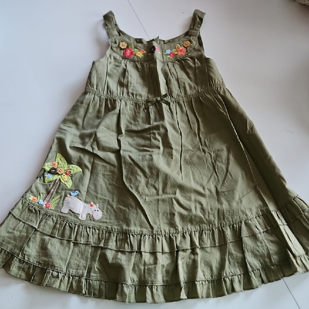 Green Kids Dress with Embroidered Details
